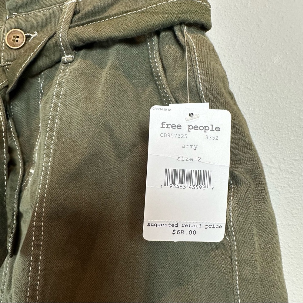 Free People Army Olive Green Paperbag Waist Belt Tie Boho Mini Skirt Pockets - Picture 6 of 11